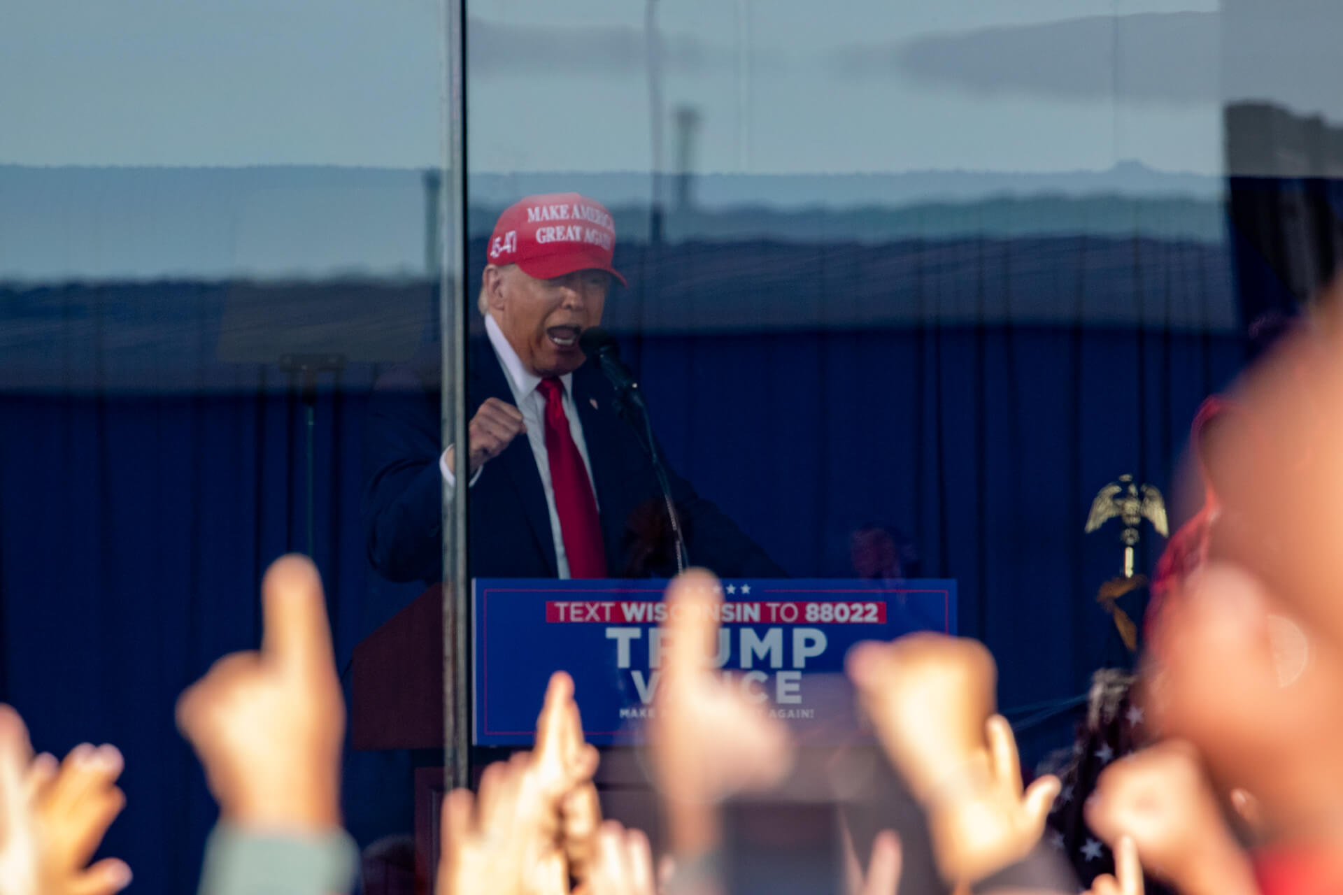 Donald Trump speaking to Wisconsin voters.