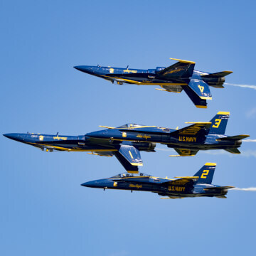 Blue Angels team performing the Double Farvel maneuver.