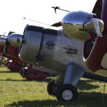 Line of vintage airplanes, including Wacos from the 30s.