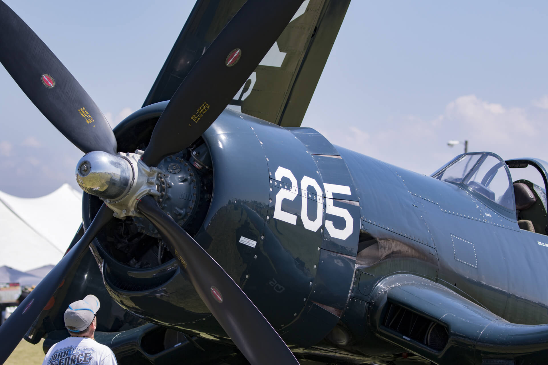 Showing off the scale of the Vought F4U-4B Corsair's 13ft tall propeller.