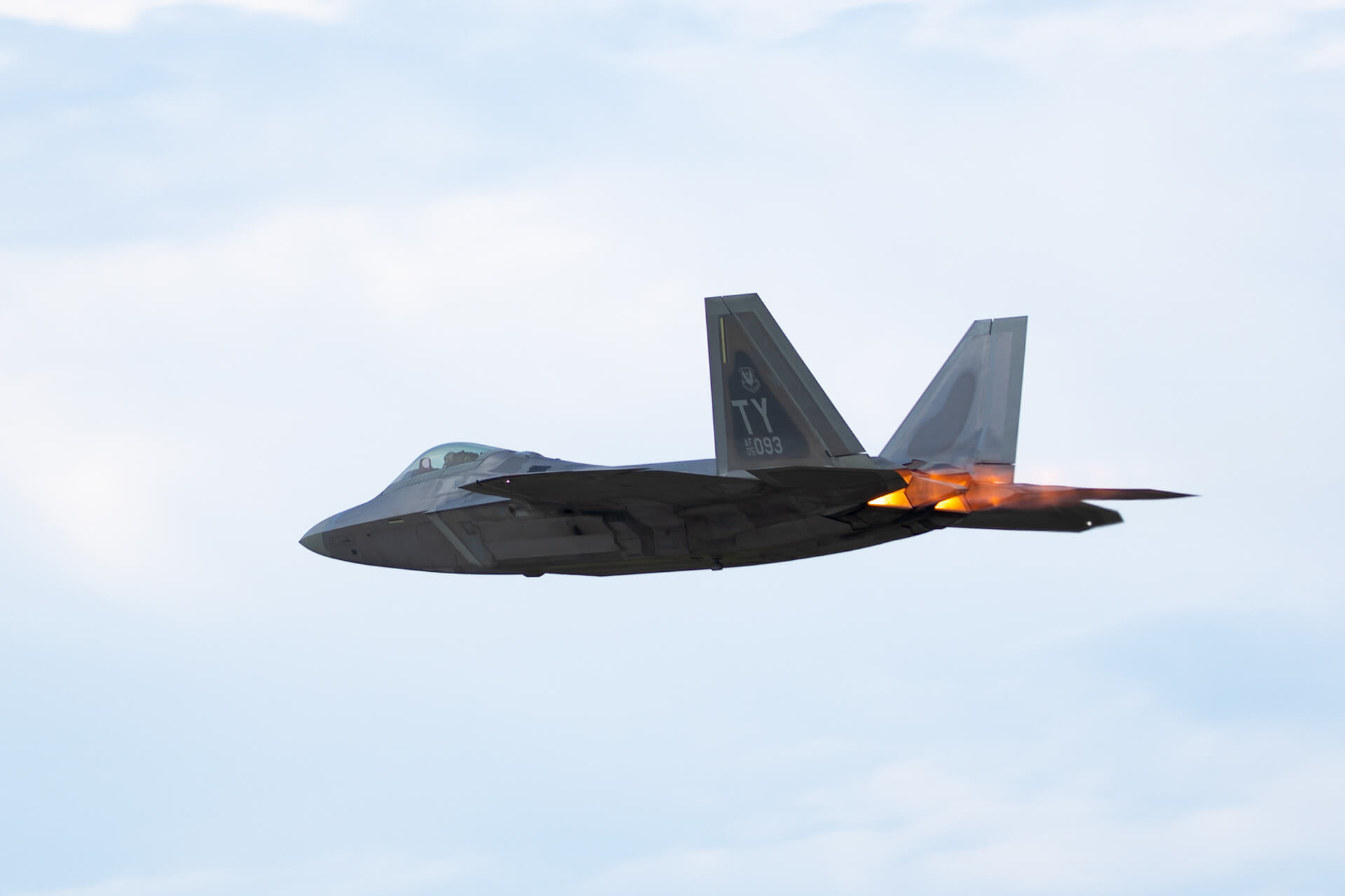 Lockheed Martin F-22 Raptor showing off its afterburners.