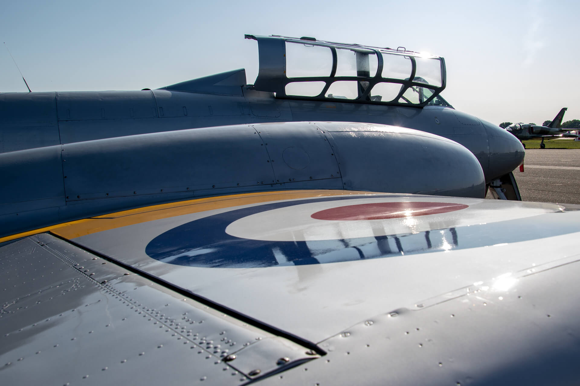 The Gloster Meteor T7, powered by dual Rolls-Royce engines, was Britan’s first jet, and remains the oldest flying jet aircraft in the world.