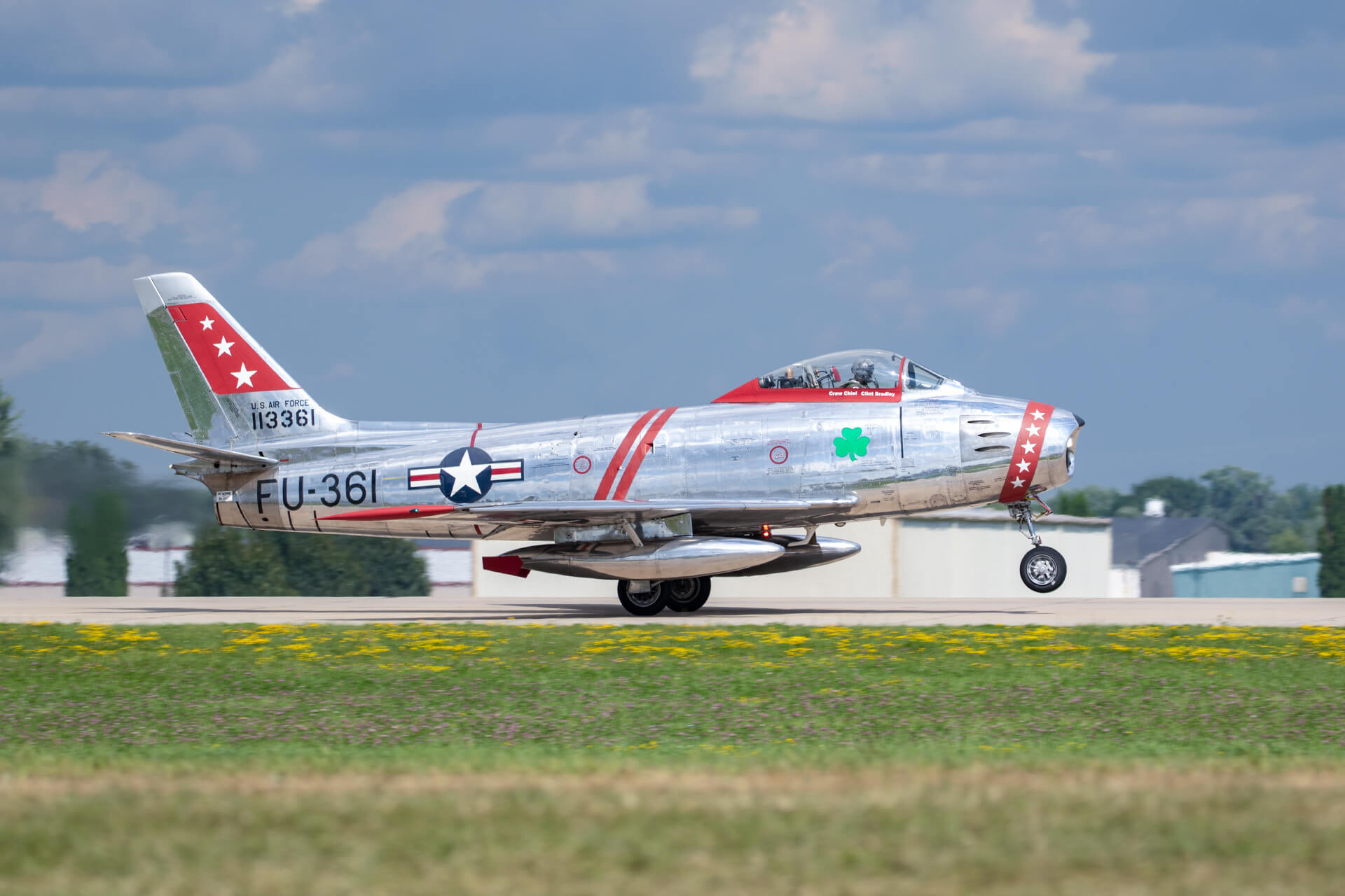 North American Aviation F-86E Sabre taking off during EAA AirVenture 2018.