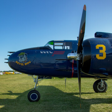 Built in Fairfax Kansas in 1945, this B-25 was flown by U.S. Marines during the second world war for ‘night heckling’ missions.