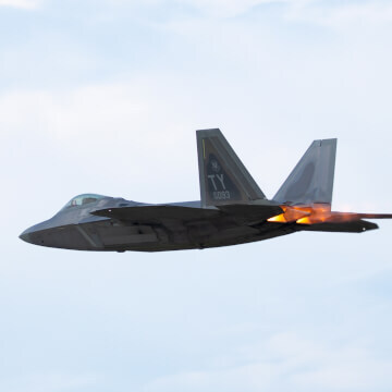 Lockheed Martin F-22 Raptor showing off its afterburners.