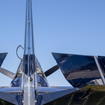 A view of an aircraft's vertical and horizontal stabilizers.