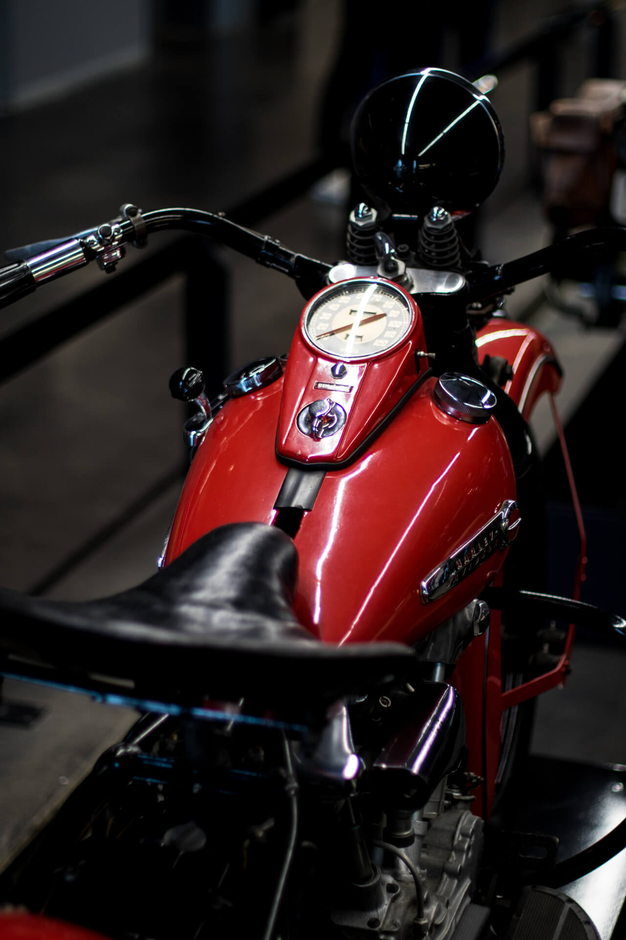 A beautiful red 1947 Harley-Davidson FL Knucklehead.