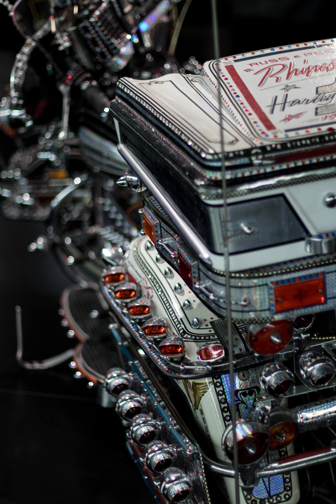 This 1973 Harley Electra Glide has been decked out with hundreds of lights, and thousands of dollars of rhinestones; now weighing over 70lbs heavier than the stock version.