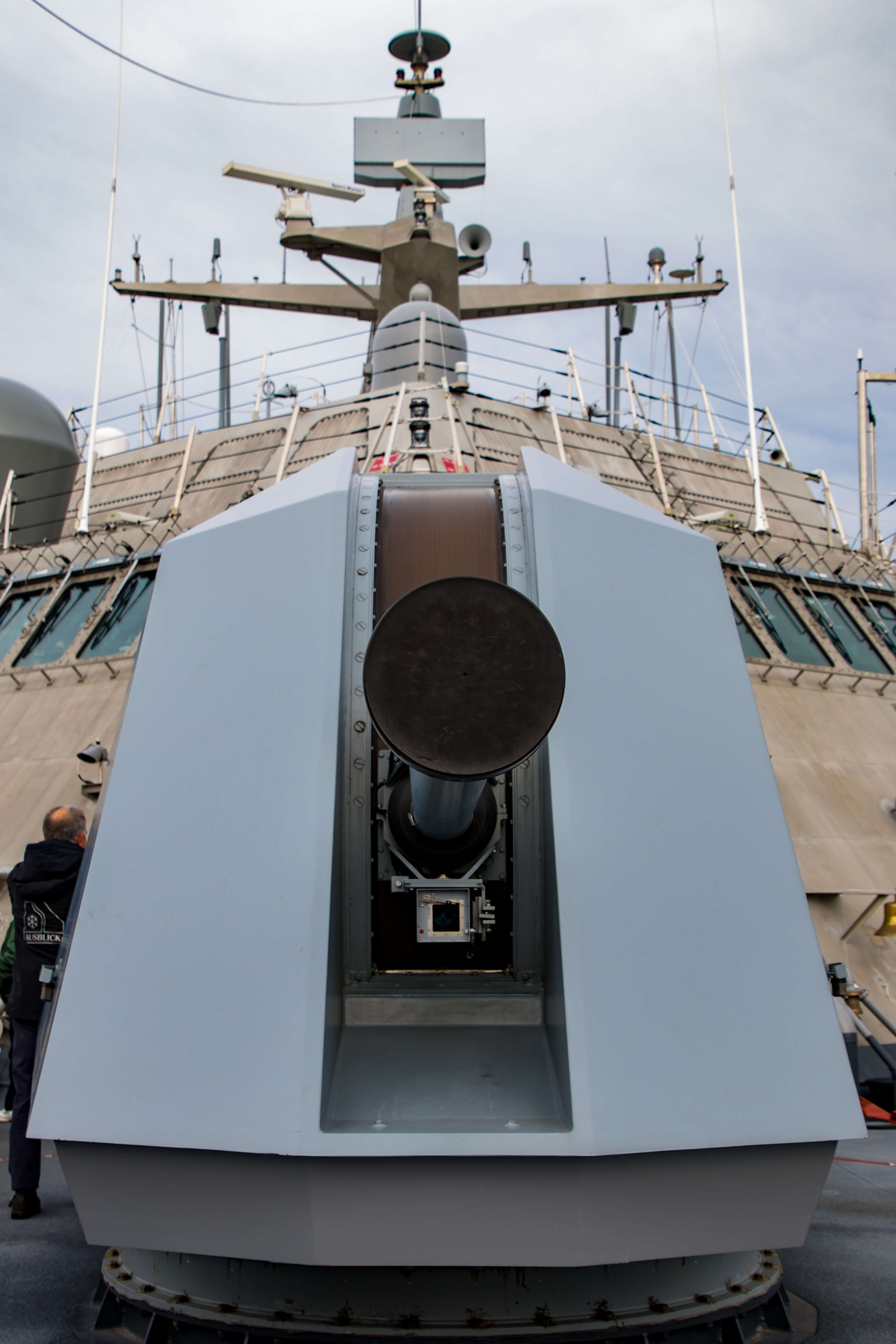 Looking down the barrel of the BAE Mk110 57mm deck gun aboard the USS Milwaukee.