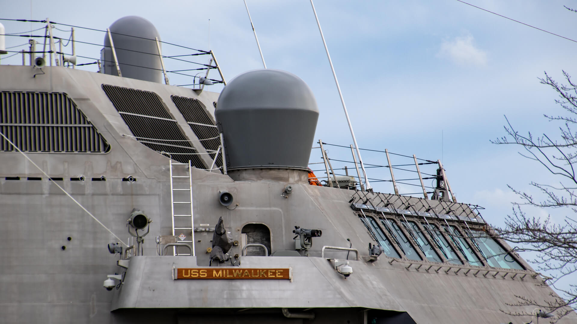 Starboard side bridge wing of the USS Milwaukee.